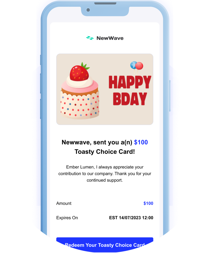 Toasty Choice Card redemption email with birthday gift card design displayed on a mobile device