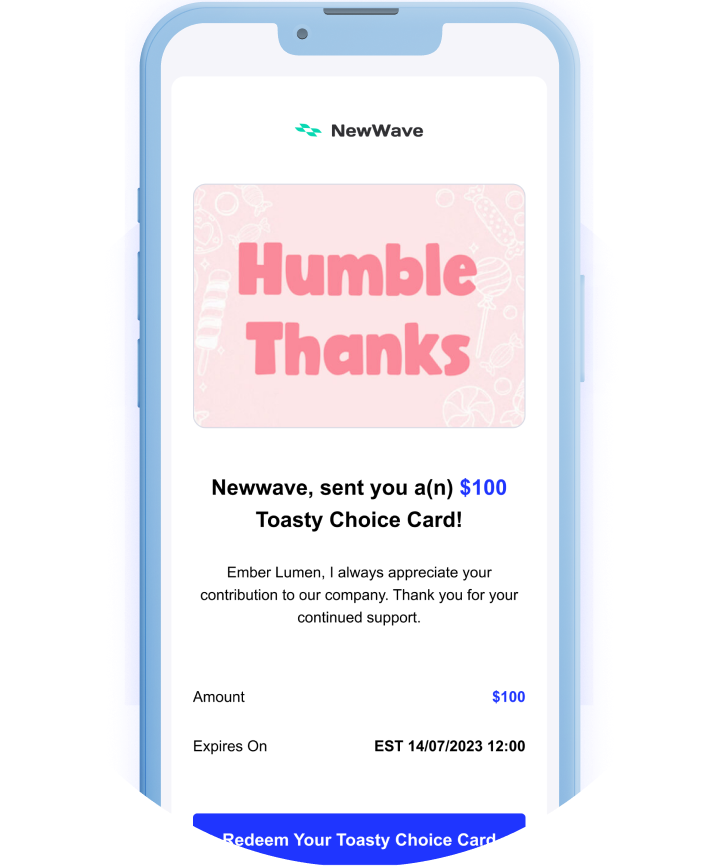 Toasty Choice Card redemption email with closing gift card for buyer design displayed on a mobile device