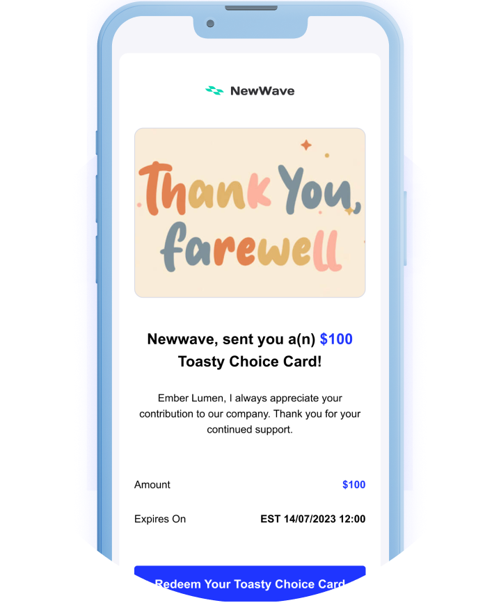 Toasty Choice Card redemption email with coworker going away gift card design displayed on a mobile device