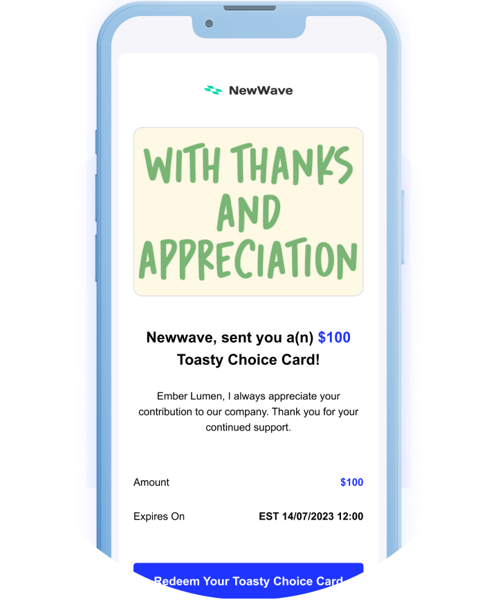 Toasty Choice Card redemption email with customer appreciation gift card design displayed on a mobile device