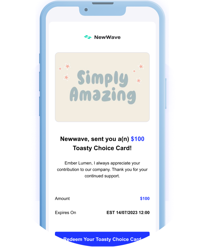 Toasty Choice Card redemption email with employee appreciation gift card design displayed on a mobile device