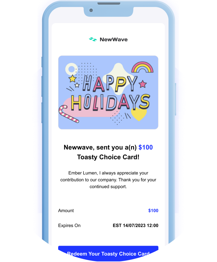 Toasty Choice Card redemption email with Holiday gift card design displayed on a mobile device