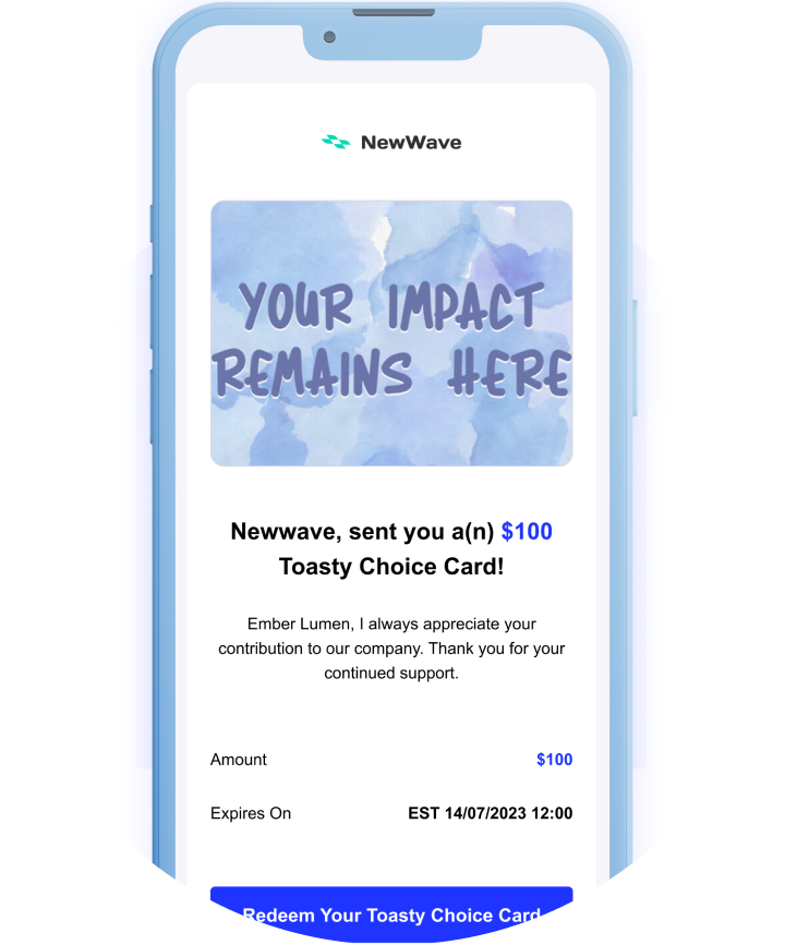 Toasty Choice Card redemption email with personalized retirement gift card design displayed on a mobile device