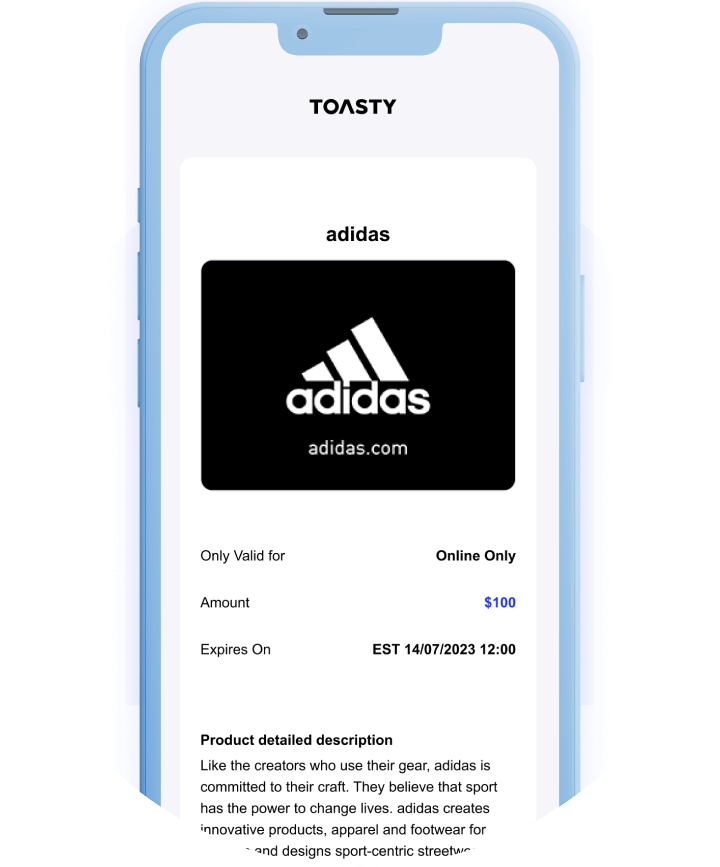 Adidas gift card redeemed from a Toasty Choice Card on a mobile device