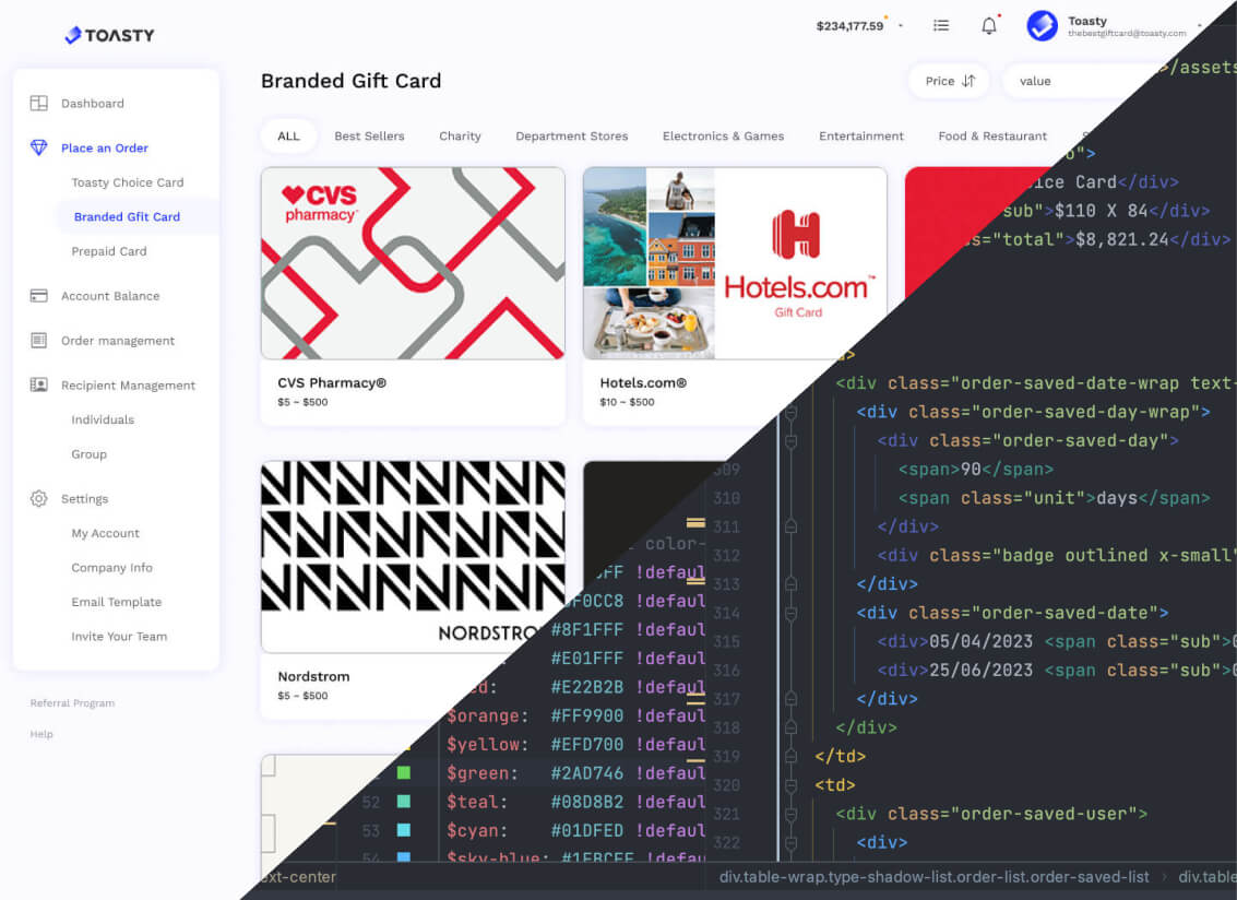 Composite image of Toasty dashboard on one side and the Toasty gift card API document on the other