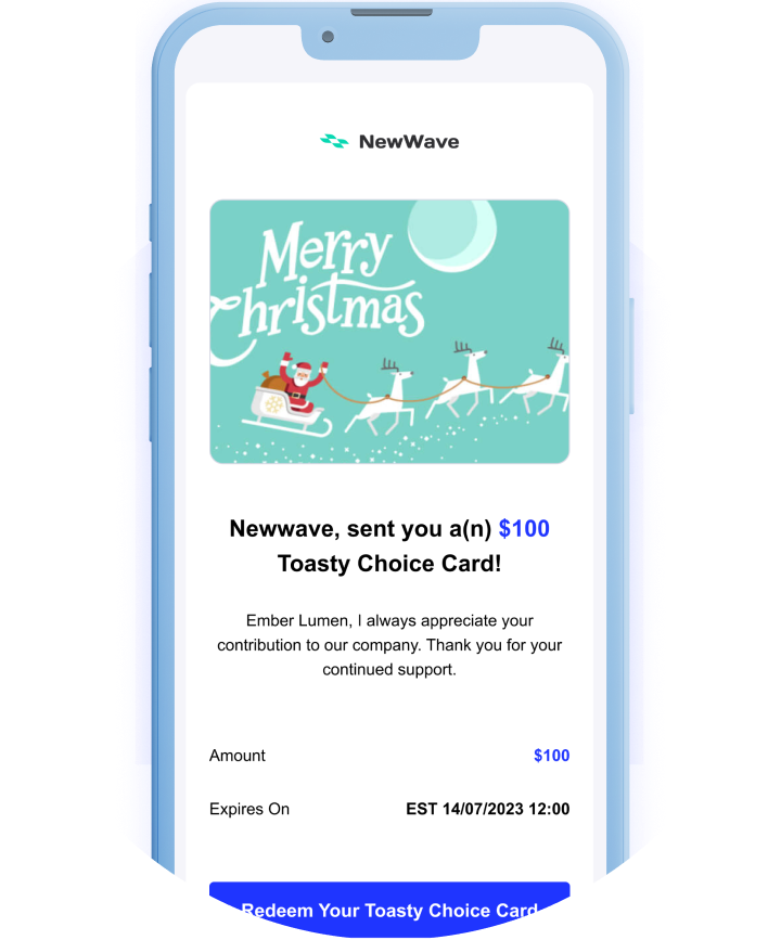 Toasty Choice Card redemption email with Christmas gift card design displayed on a mobile device