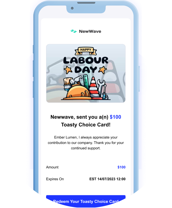 Toasty Choice Card redemption email with Labor Day gift card design displayed on a mobile device