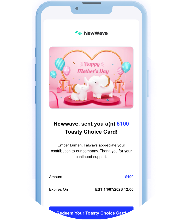 Toasty Choice Card redemption email with Mother's Day gift card design displayed on a mobile device