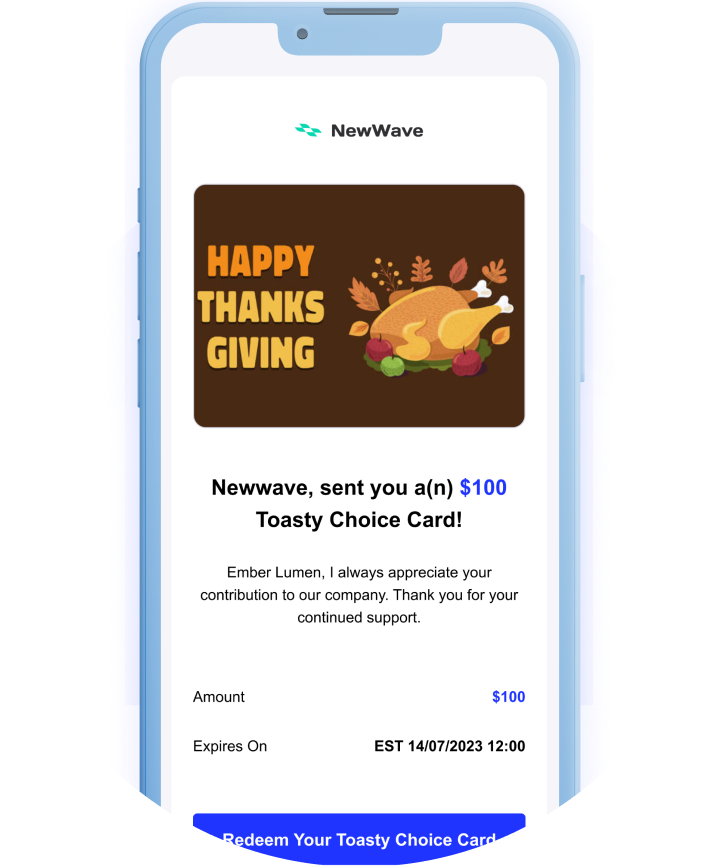 Toasty Choice Card redemption email with Thanksgiving gift card design displayed on a mobile device