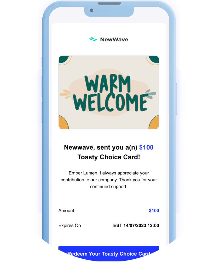 Toasty Choice Card redemption email with new employee welcome gift card design displayed on a mobile device