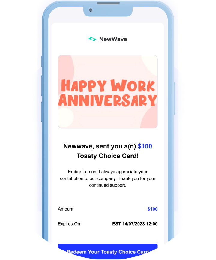 Toasty Choice Card redemption email with work anniversary gift card design displayed on a mobile device