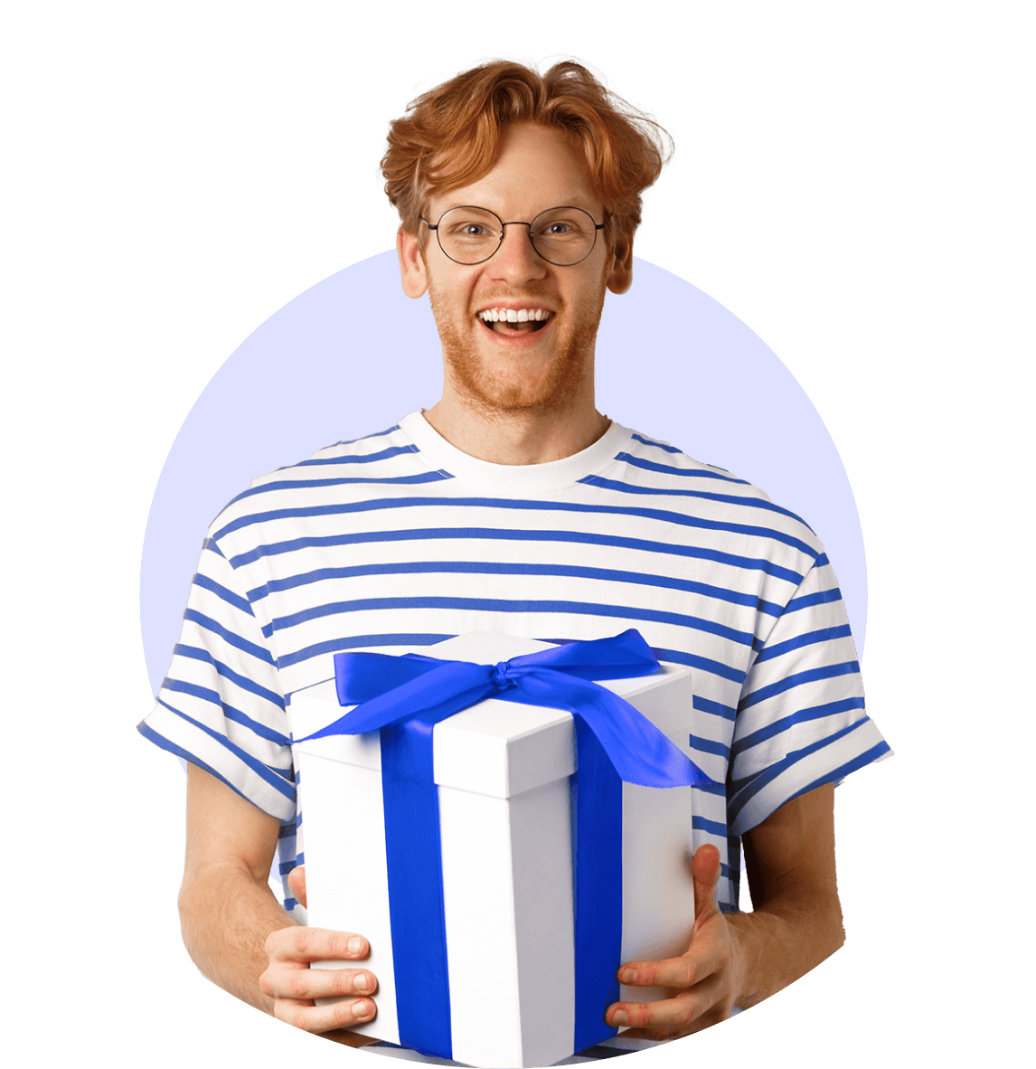 Man in blue-striped t-shirt holding a white gift box with a blue ribbon