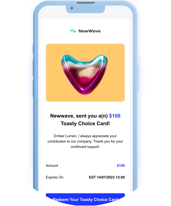 Toasty Choice Card redemption email with redeem button displayed on a mobile device