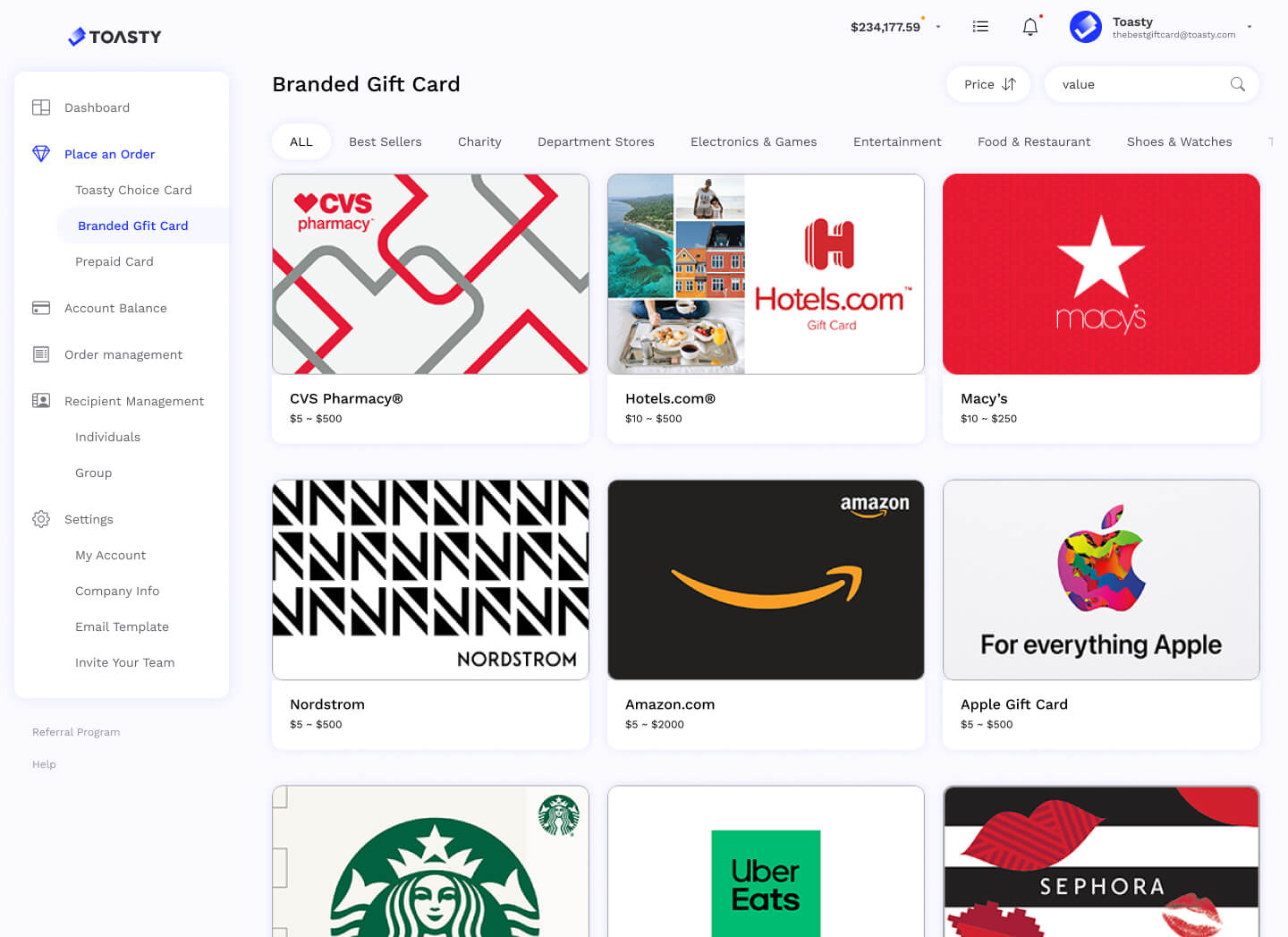 Branded Gift Card page on Toasty dashboard