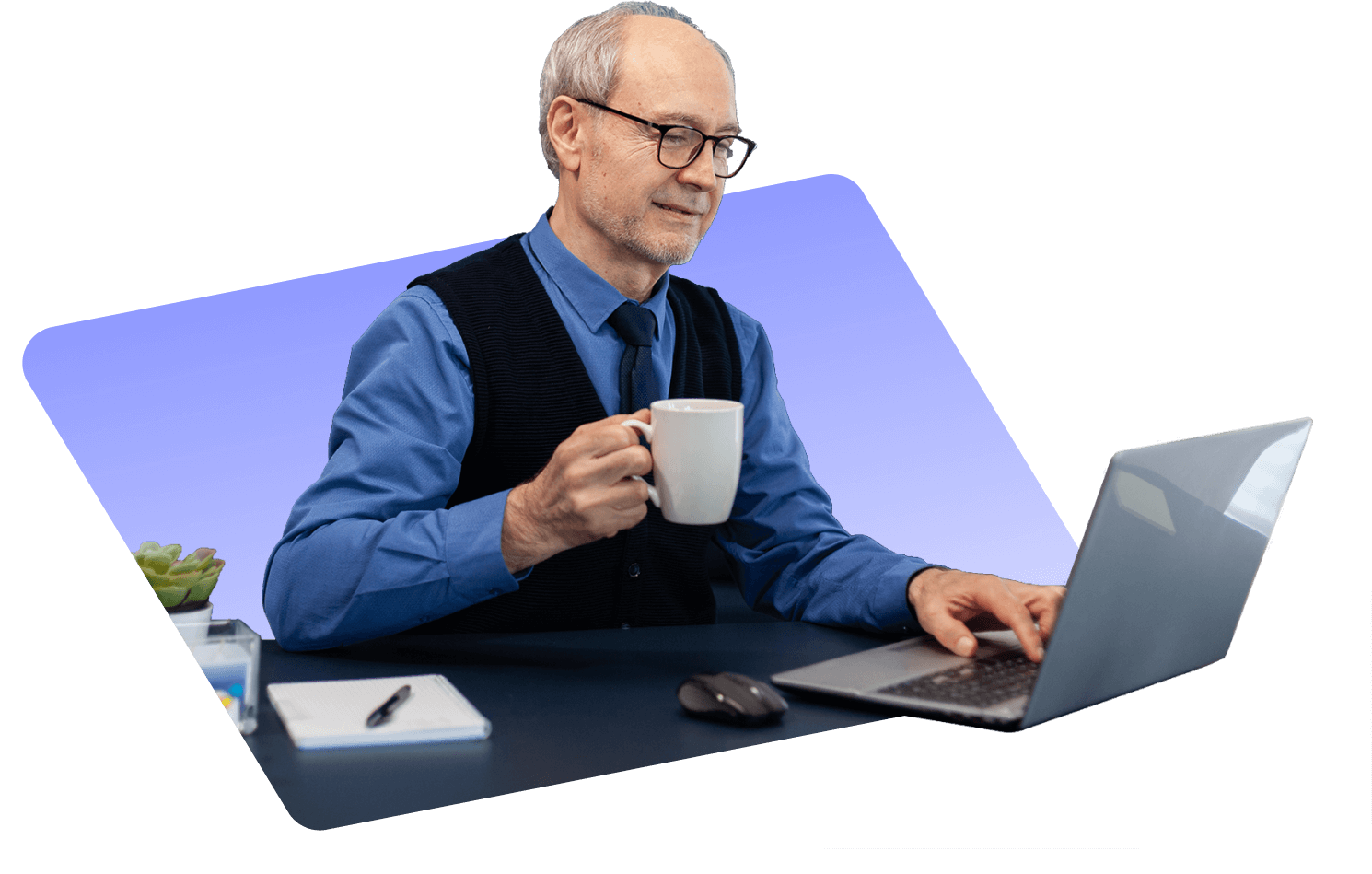 Senior employee with a laptop in one hand and a cup of coffee in the other